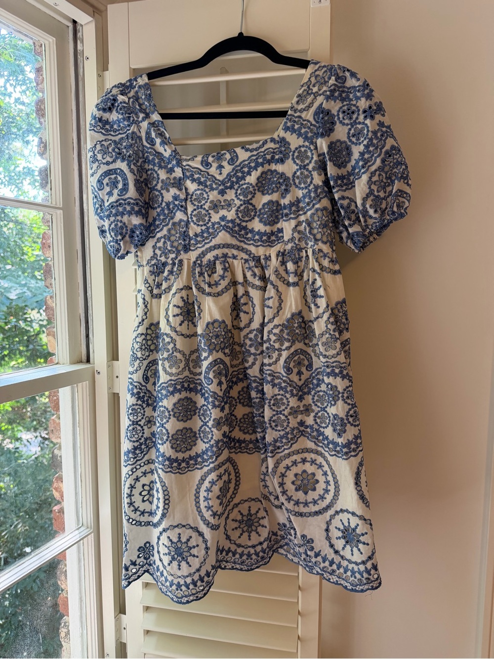 Blue and White Embroidered Puff-Sleeve Mini Dress